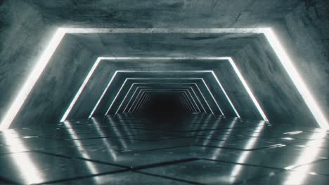 flying in a modern futuristic empty sci-fi night corridor. retro alien ship in the shape of a hexagon corridor with cold blue luminous neon lights with a square floor. seamless loop 3d render