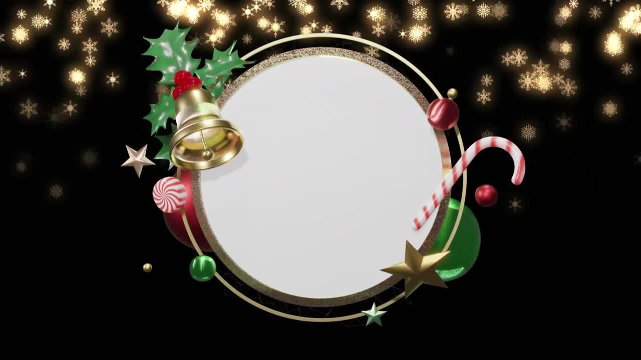 animación de decoraciones navideñas alrededor de un letrero circular blanco en blanco sobre copos de nieve brillantes en negro.