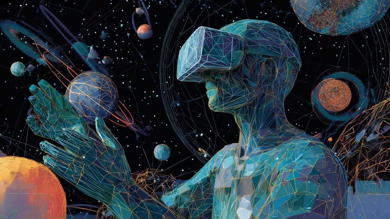 A Futuristic Exploration of Virtual Reality: A Digital Avatar Engaged with Cosmic Elements, Surrounded by Planets and Stars, Merging Technology with the Wonders of the Universe in a Lavish Display of Digital Artistry