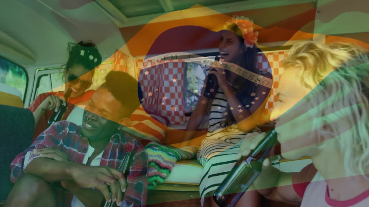 브라질 발 애니메이션을 통해 밴에서 술을 마시고 노래하는 친구들