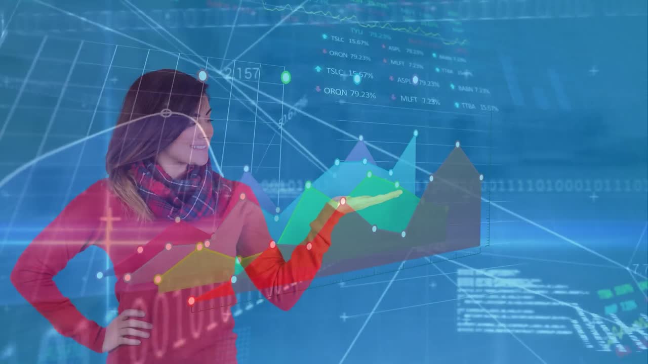 animación de una mujer de negocios caucásica usando una tableta y una red de conexiones a través del procesamiento de datos