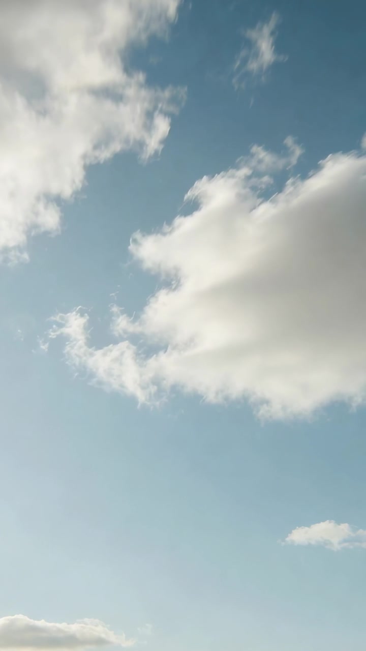 Video verticale: Grande nuvola cumuliforme che si sposta e cambia nel cielo blu a causa di un vento leggero, con un piccolo fiocco.