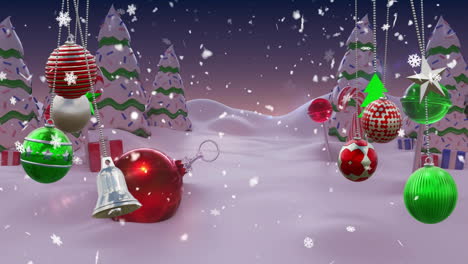 Animation-of-snow-falling-over-christmas-decorations-and-winter-scenery