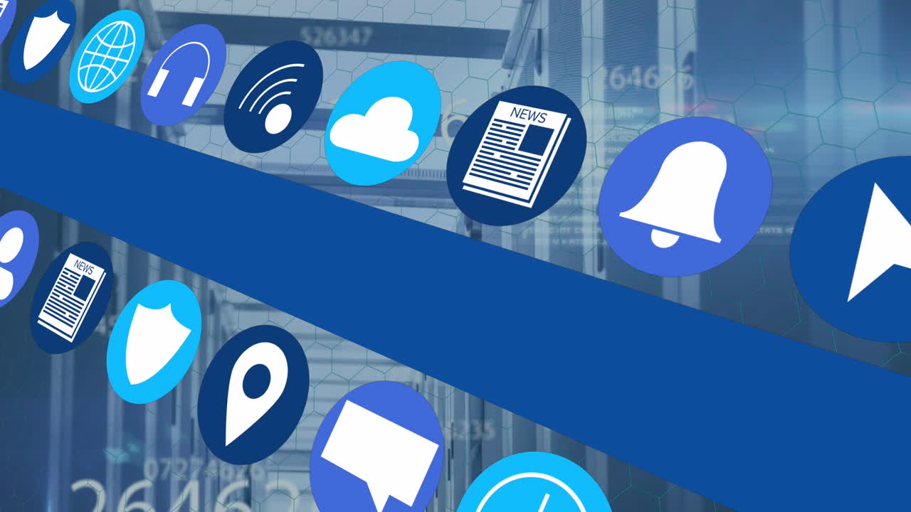 animación de iconos de medios sobre la sala del servidor