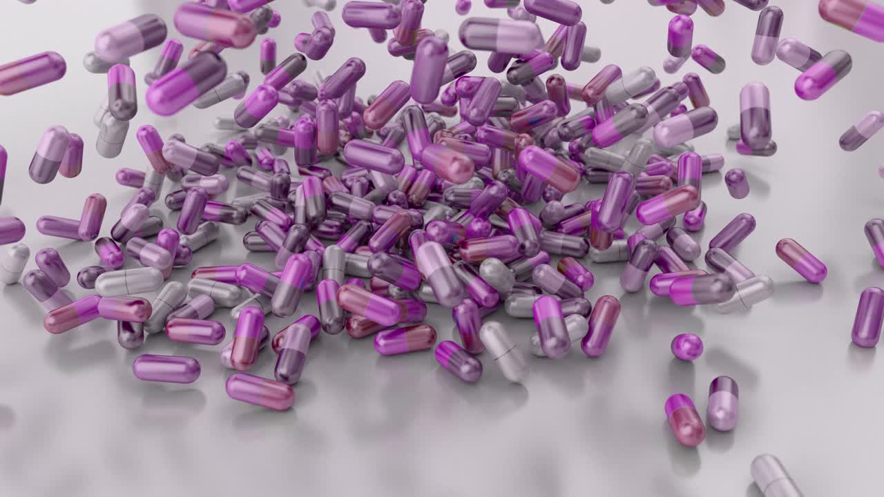 Pillole, farmaci, capsule che cadono su un ripiano bianco, rallentatore, primo piano 4K