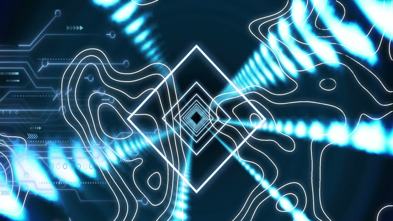 Animation of illuminated squares and abstract patterns moving over electric circuit board patterns