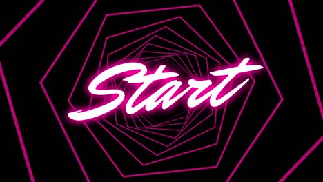 animation of start text in glowing letters over neon geometric tunnel