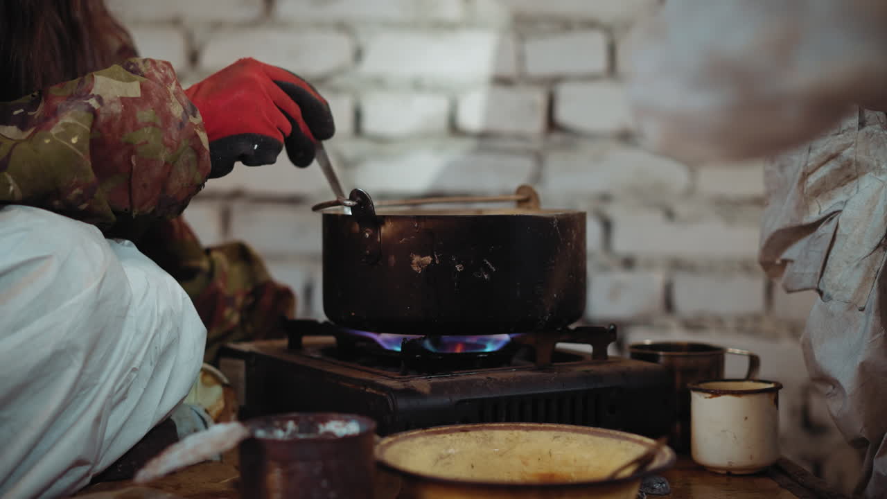 Close up shows survivor in camouflage jacket and red gloves stirring blackened pot over open flame while child hand drops herb into bubbling liquid, desperate cooking scene inside abandoned shelter