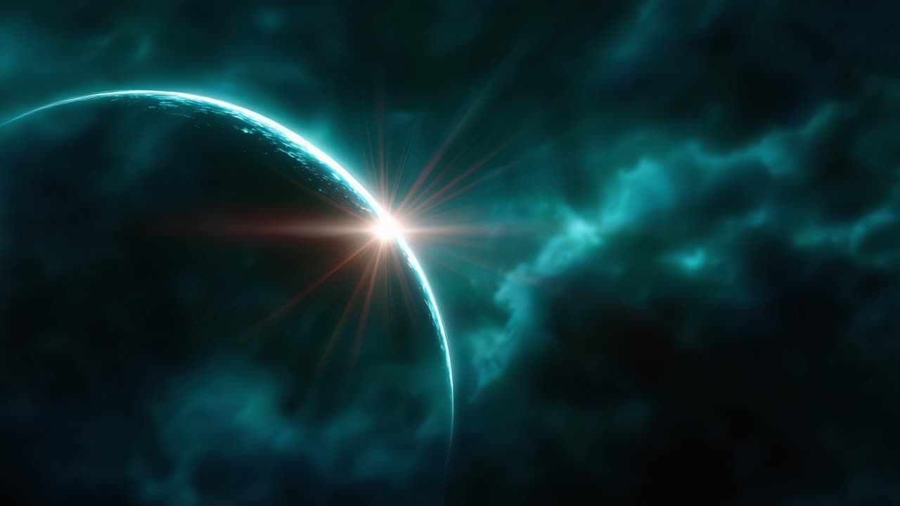 Scena cosmica maestosa: una vista mozzafiato di un pianeta circondato da nubi luminose e brillante luce stellare, che cattura la bellezza dell'Universo con dettagli vivaci
