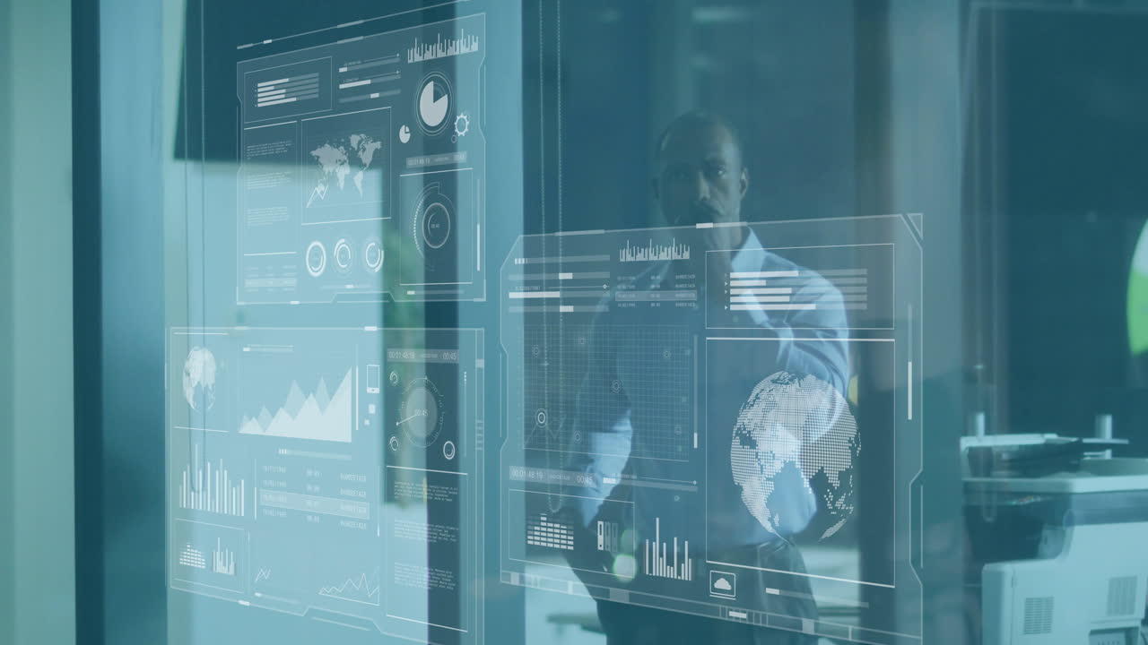 Animation of data processing and diagrams over african american businessman thinking