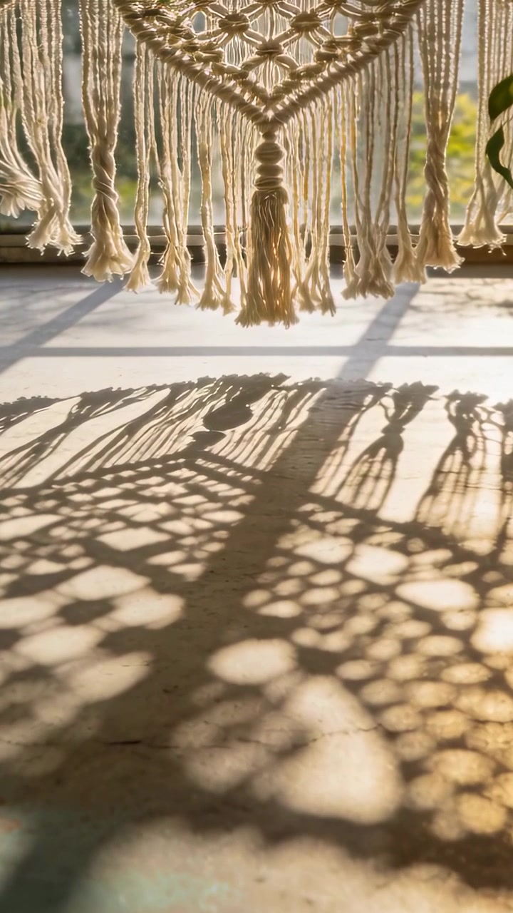 Video verticale: Macramè che oscilla appeso alla finestra a causa di una corrente d'aria, proiettando ombre di nodi sul davanzale illuminato dal sole