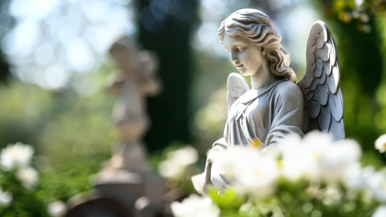 Primo piano di una statua di angelo in un'ambientazione da giardino sereno, ripresa dal basso.