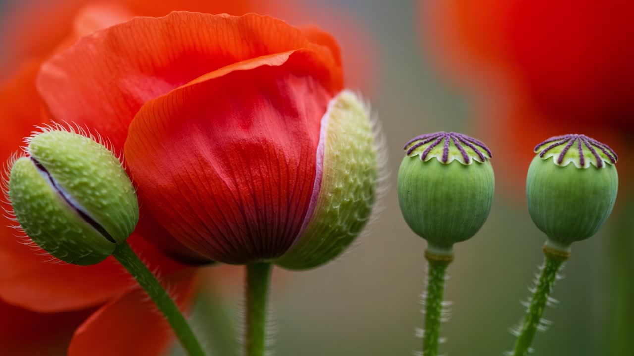 A Close-Up Exploration of Vibrant Red Poppies and Their Distinctive Green Seed Pods Exhibiting Nature's Intricate Floral Details and Texture