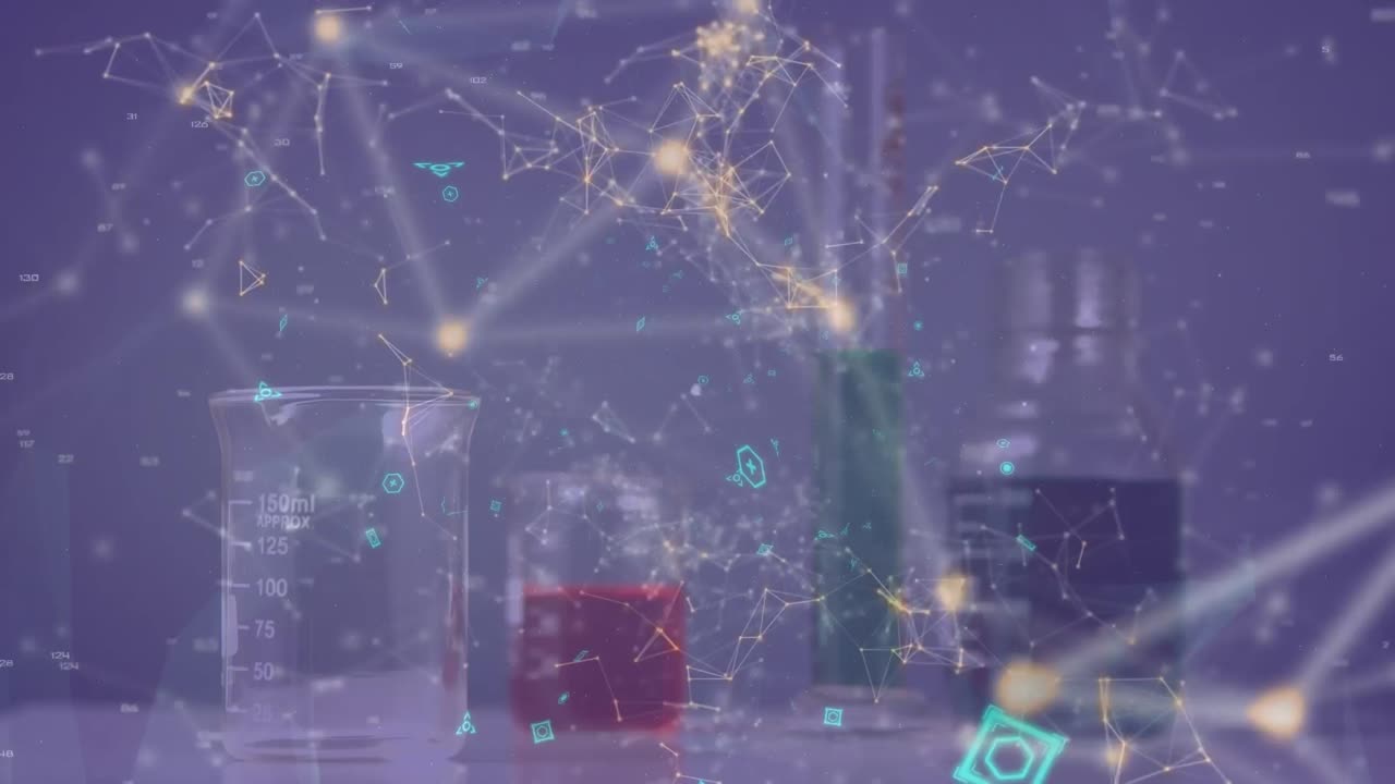 실험실에서 컵에 화학 물질을 부는 연결 네트워크의 애니메이션