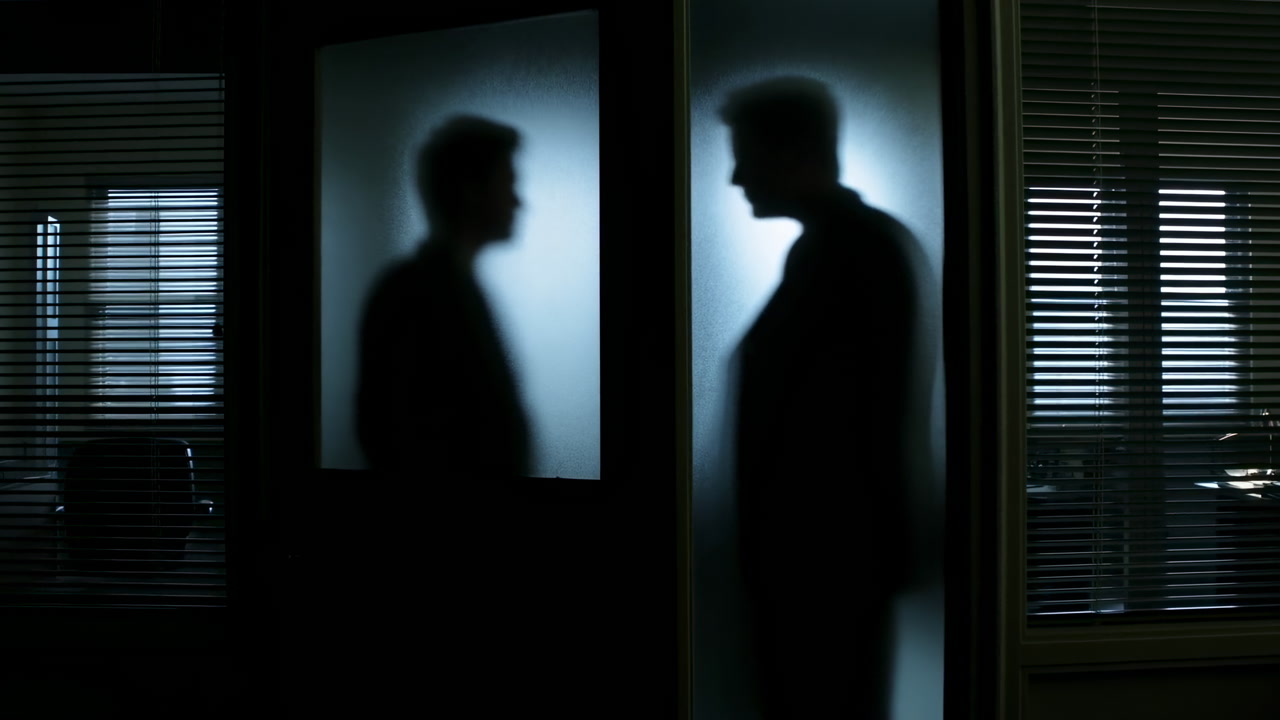Silhouetted Men Behind Frosted Glass Tense Office Standoff In Dim Blue Backlight, Blinds Casting Striped