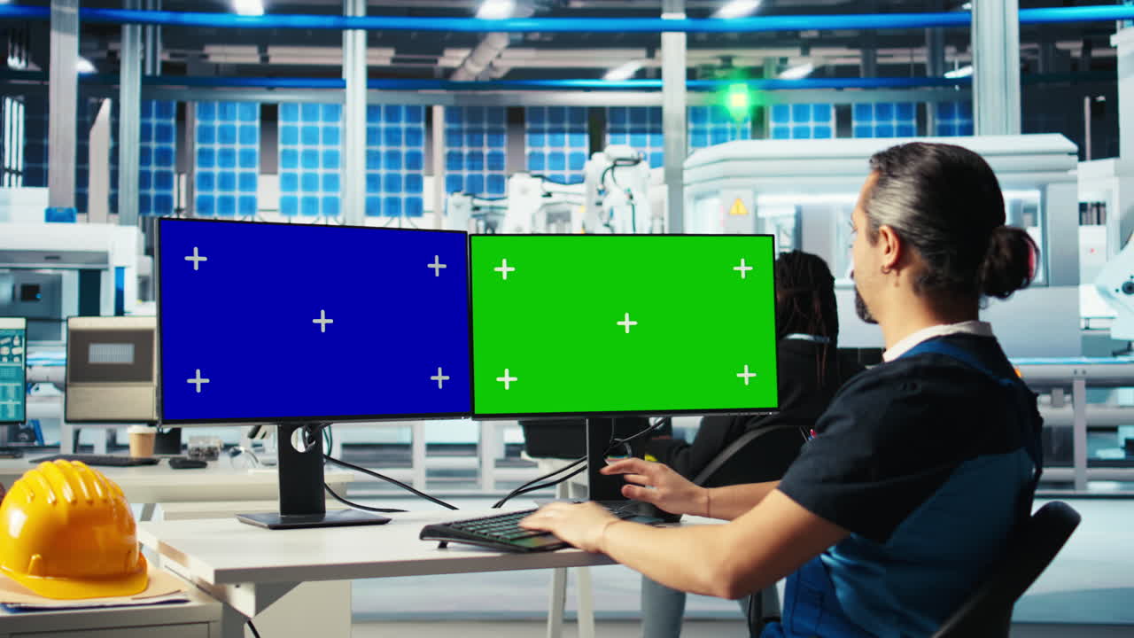 광전자 공장 엔지니어는 효율성을 향상시키기 위해 모형 컴퓨터를 작업합니다.