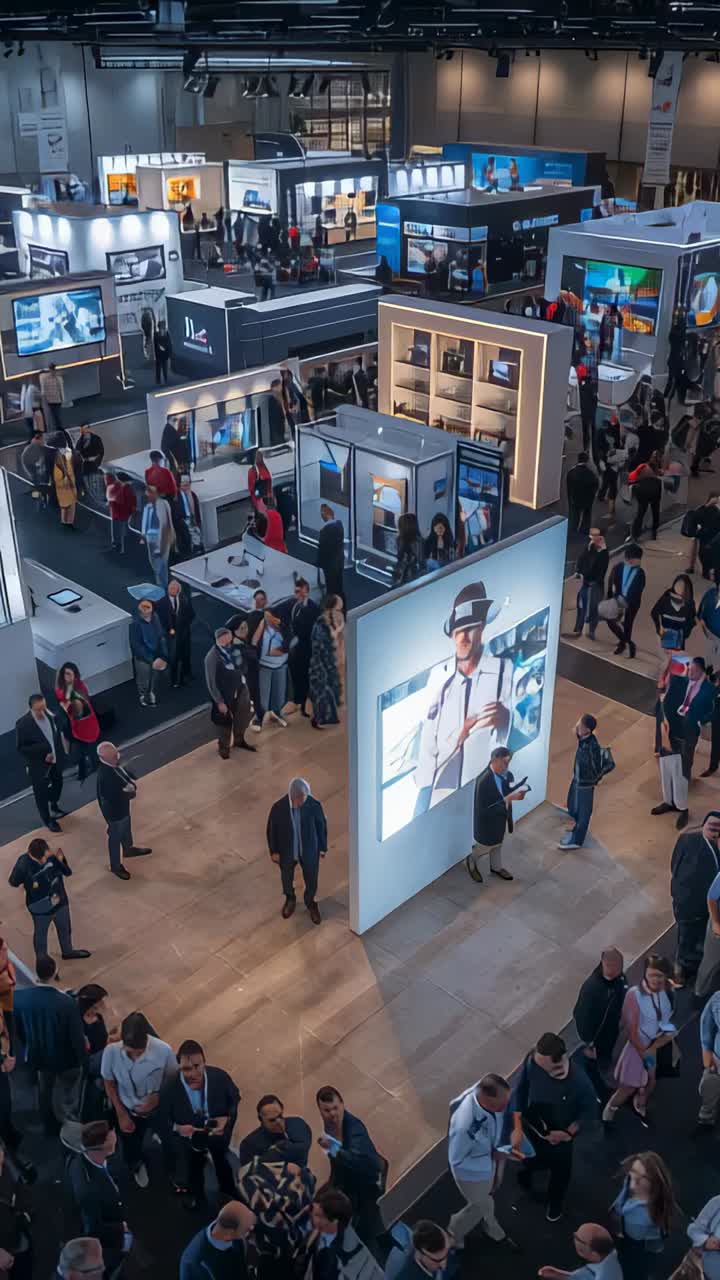 Vertical video: Drawing attendees moving toward tall lit display at expo to view demo, in suits