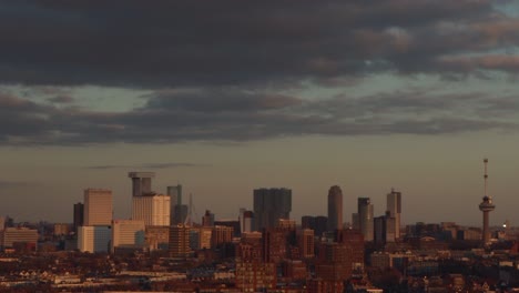 close-up shot of skyline of rotterdam, the netherlands at sunset