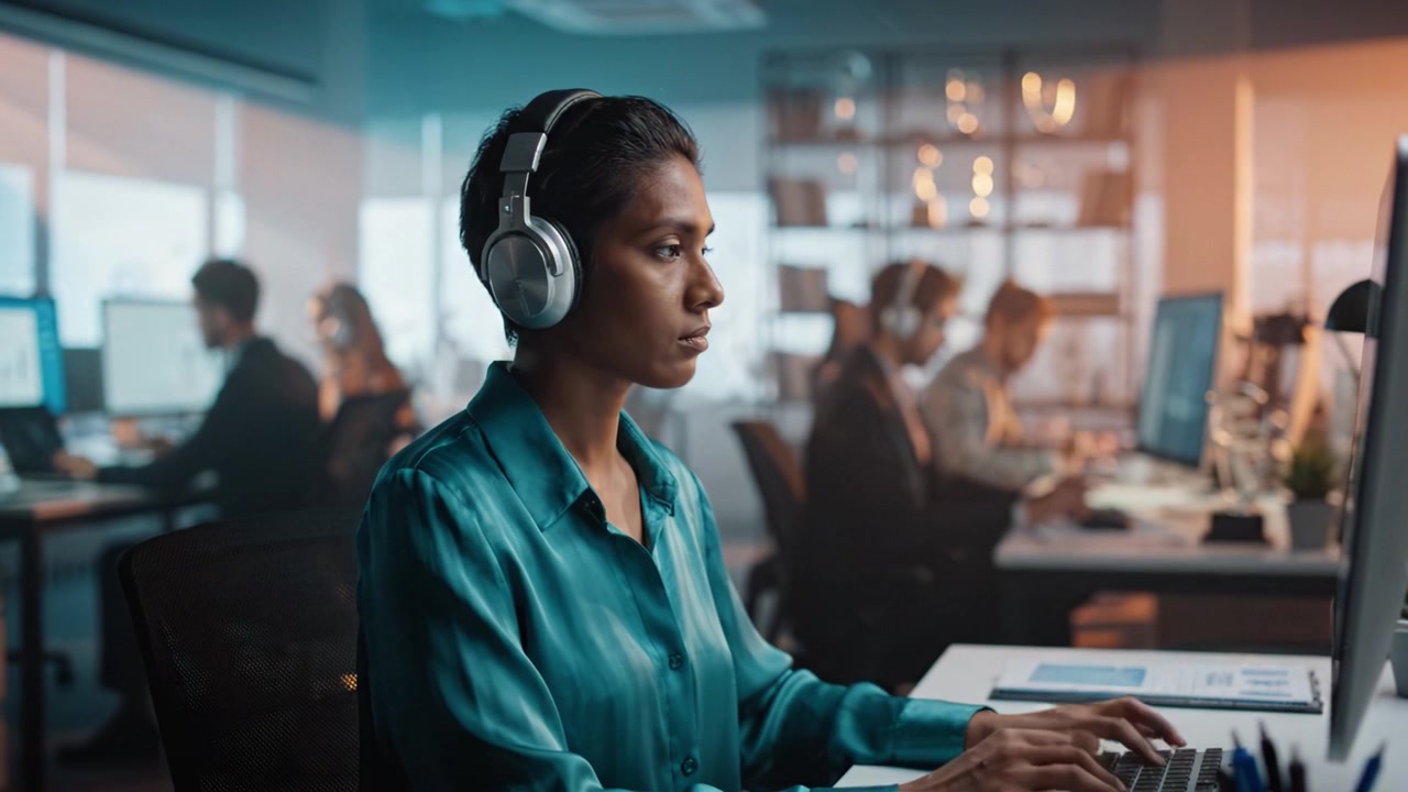 Focused Woman with Headphones at Computer in Modern Office Environment Engaged in Work, Surrounded by Colleagues, Showcasing Concentration and Professionalism