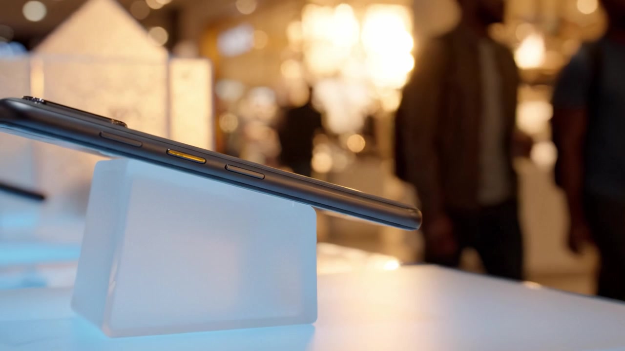 Elegantes Smartphone, präsentiert auf einem modernen Ständer, hervorgehoben durch Umgebungsbeleuchtung in einer lebhaften Einzelhandelsumgebung, das Design und Technologie für Käufer präsentiert.