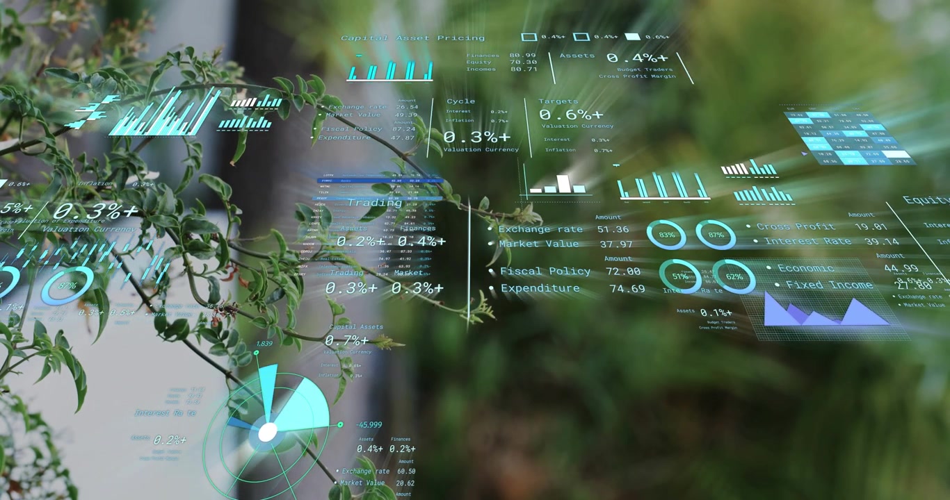 AR dashboard appearing before branch, animating bar charts and gauges showing live data updates