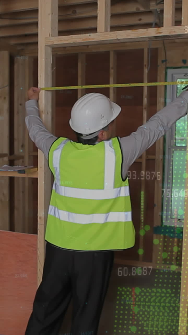 animación del procesamiento de estadísticas sobre la medición de un ingeniero masculino en el sitio de construcción