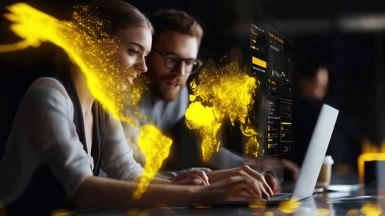 Collaborative Team Analyzing Data Trends on Laptop with Dynamic Global Visualizations in a Modern Workspace Environment, Highlighting Technology and Communication in Business