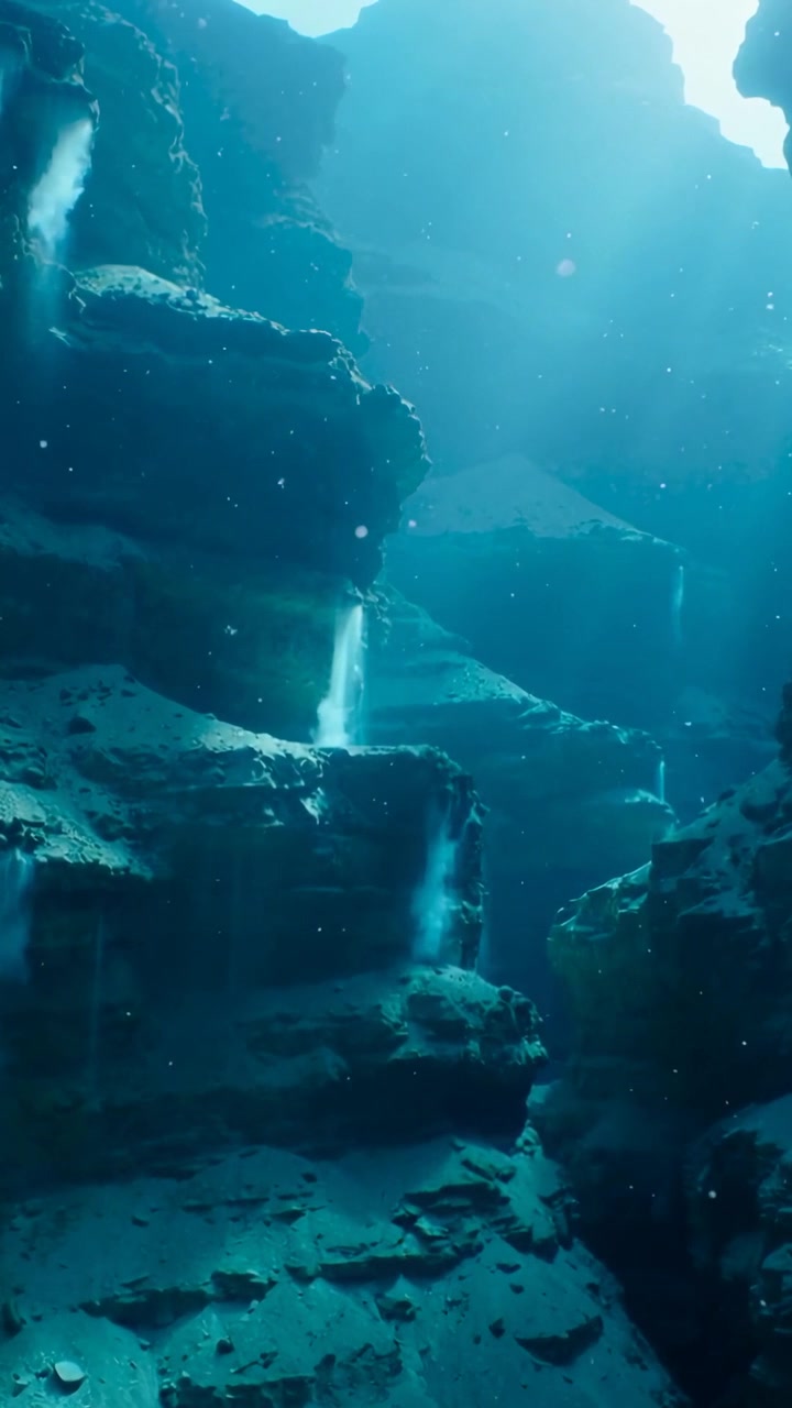 Vertical video: Overhead blue shaft lighting layered rock chasm, revealing thin falls