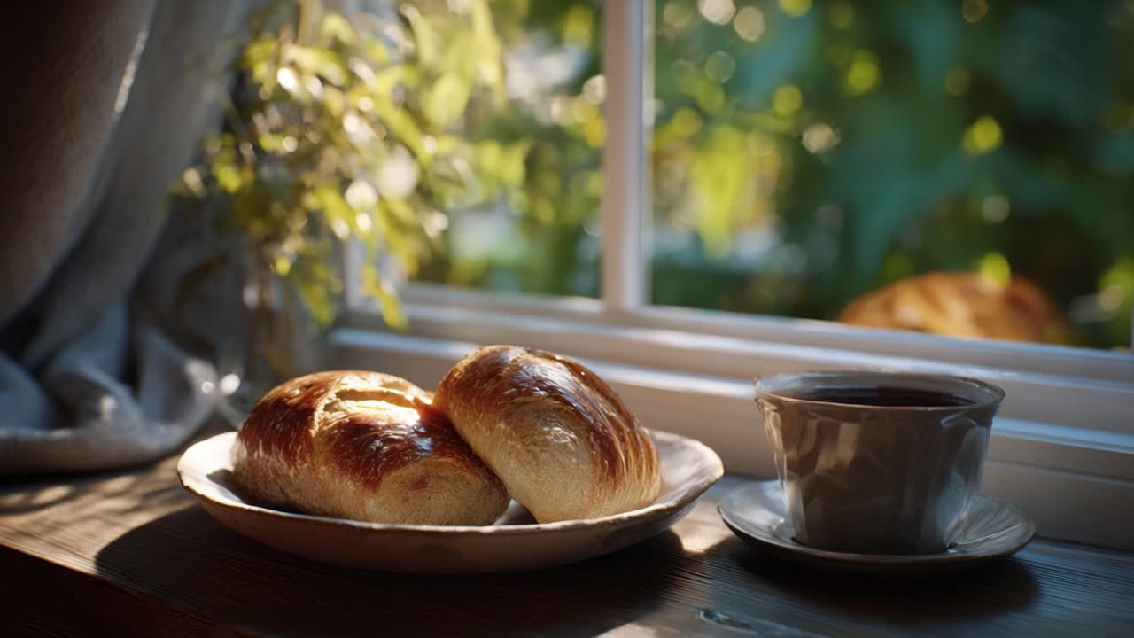 En rolig frokostscene med nystekte rundstykker og en varm kopp kaffe, plassert foran et mykt opplyst vindu med frodig grønt i bakgrunnen.