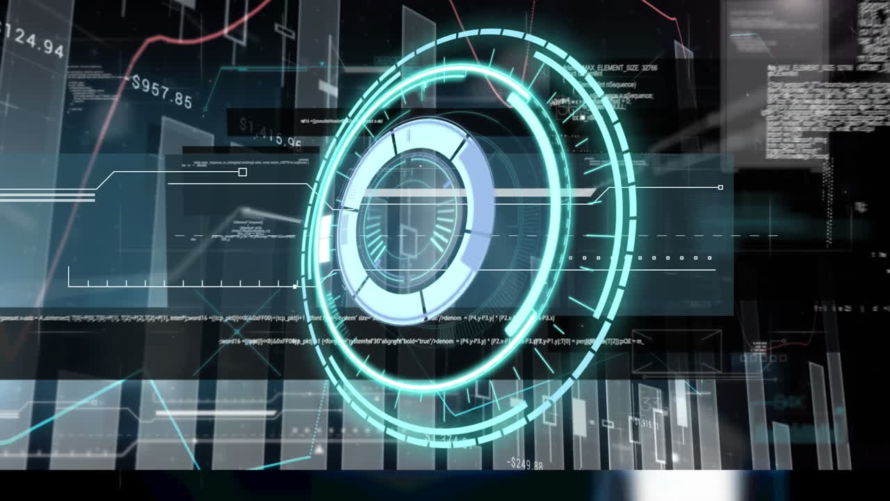 Neon round scanner against digital interface with data processing on black background