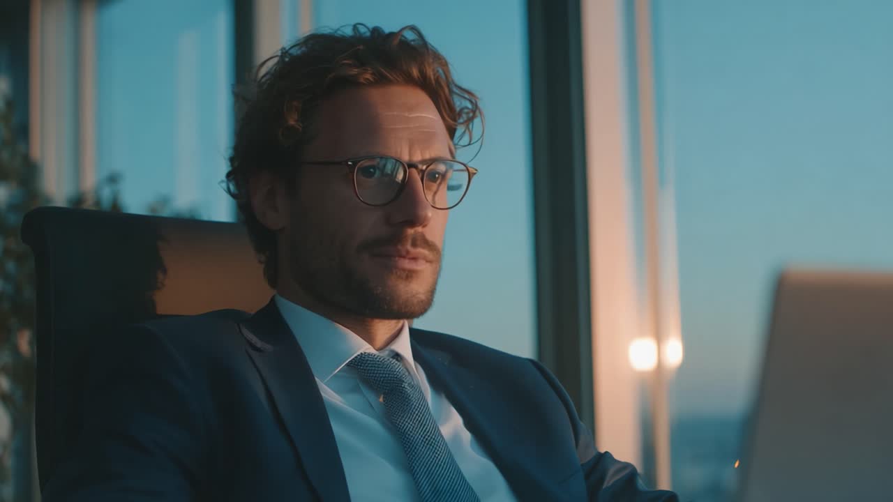 A Businessman in an Office Reflects on Success, Transitioning from a Joyful Expression to Thoughtful Contemplation Amidst Sunrise or Sunset View