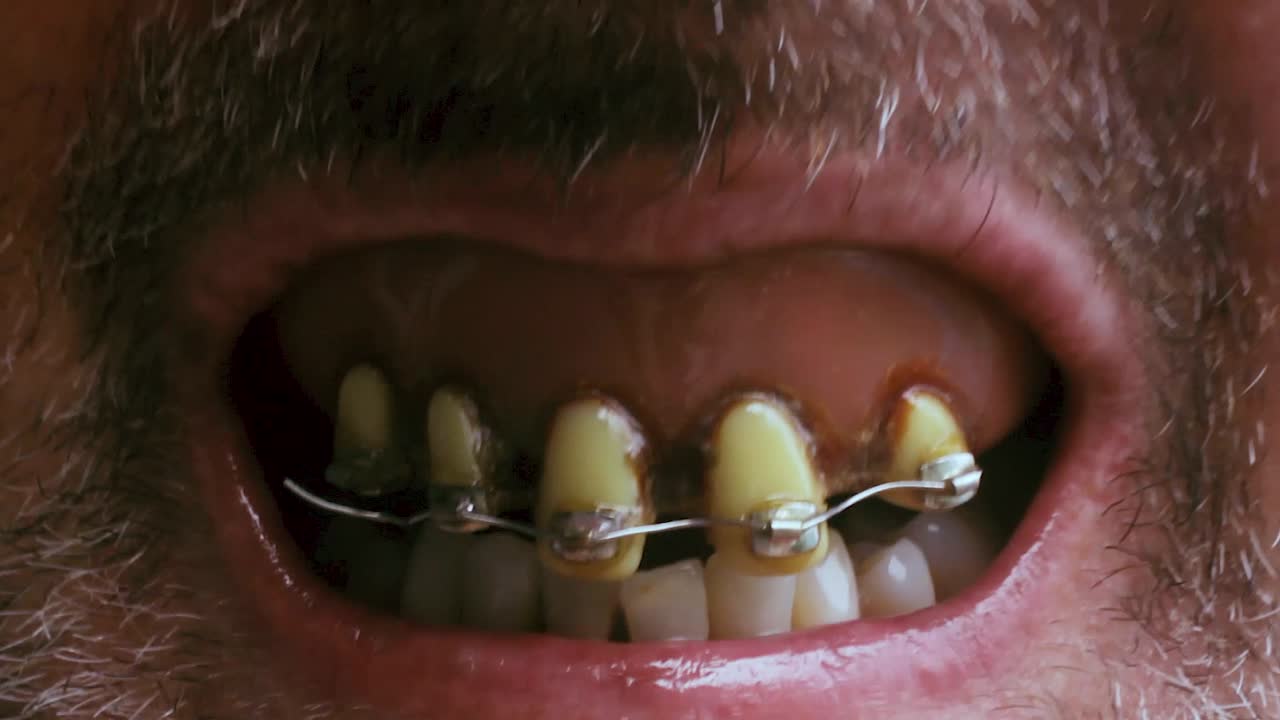 중괄호와 화난 표정으로 소름 끼치는 입을 닫습니다