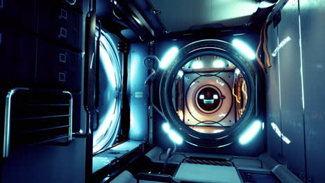 futuristic corridor with glowing lights inside a sci fi spaceship interior