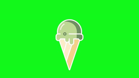 vídeo em 4k de sorvete verde de desenho animado em um cone de waffle em fundo verde.