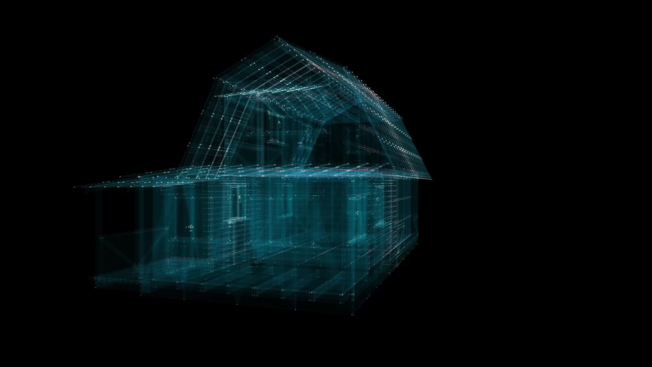 입자의 3d 디지털 하우스: 2층 주거 건물 주변을 날아다닙니다.