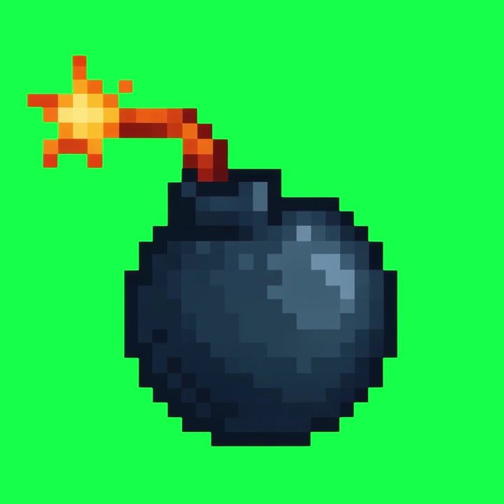 Pixel art-bombe med brændende lunte på grøn skærm