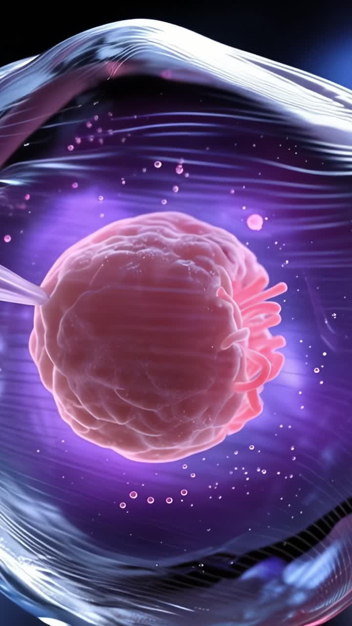 Immagini accattivanti di struttura cellulare e biologia microscopica che mostrano una vivace cellula rosa circondata da elementi cosmici e particelle energetiche