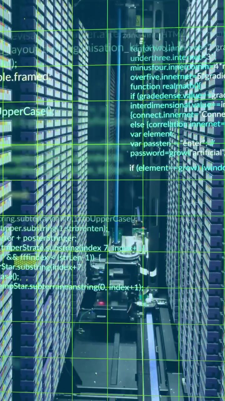 Animasjon av dataspråk og rutenett over dataserverrack