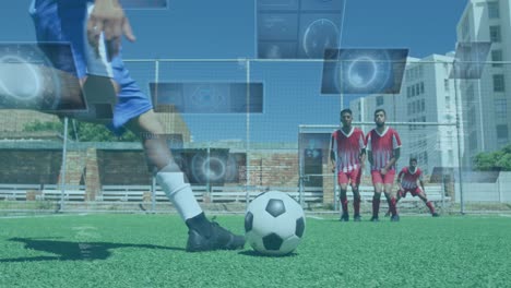 animación de visores y procesamiento de datos en pantallas sobre jugadores de fútbol masculinos durante el partido