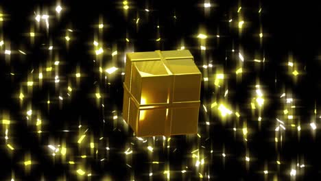 Animation-of-christmas-gold-presents-and-confetti-falling-on-black-background