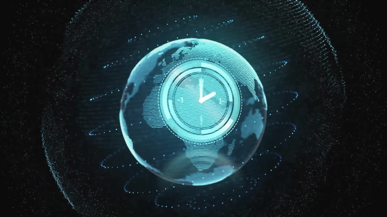 Digital clock animation over rotating globe with data points and lines