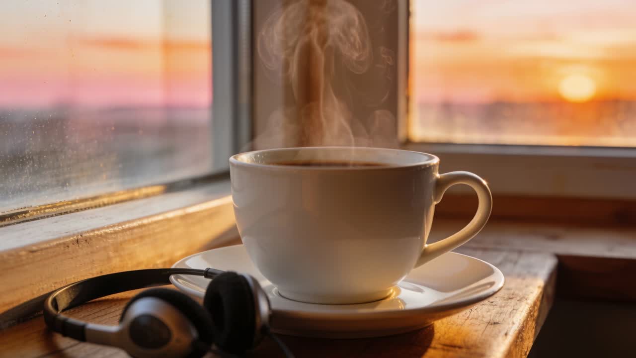 Tazza di ceramica bianca che emette vapore arricciato, raffreddandosi su un davanzale di legno all'alba, con delle cuffie.