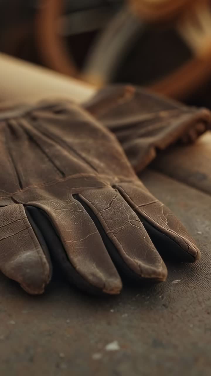 Vertical video: Shifting camera and focusing on leather gloves on bench, showing cracks