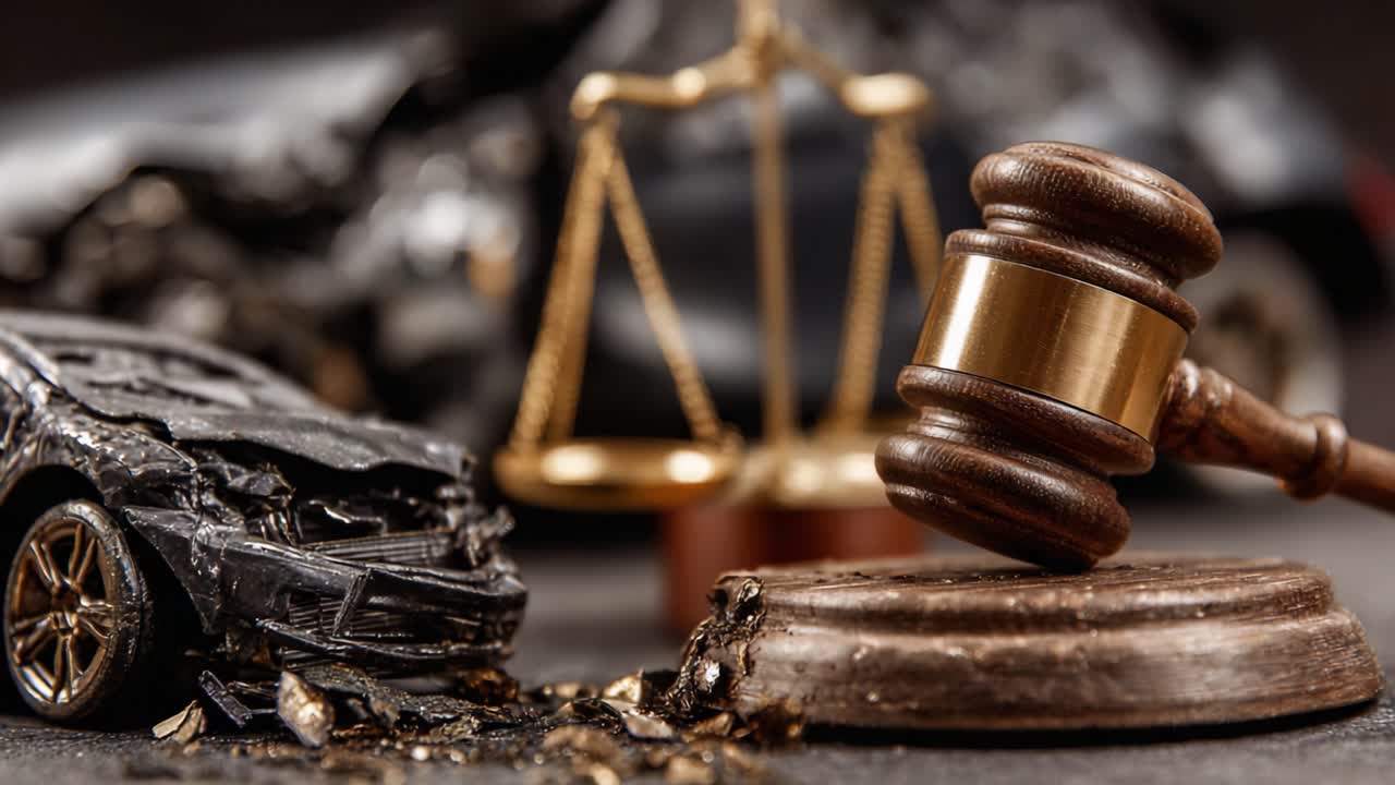 Una prospettiva intrigante su giustizia e conseguenze: Un martelletto, una bilancia e un modello di auto danneggiata a simboleggiare procedimenti legali e incidenti automobilistici
