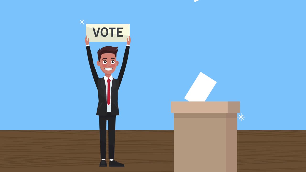 투표 표지판과 투표 상자를 가진 남성 후보자