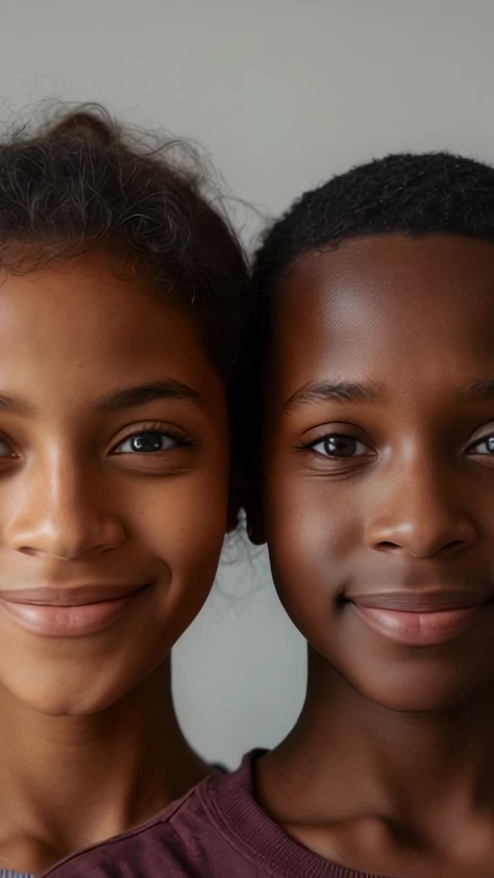 Vídeo vertical: enquadramento estável de dois adolescentes olhando e sorrindo para uma parede cinza, um com blusa listrada e outro com blusa bordô
