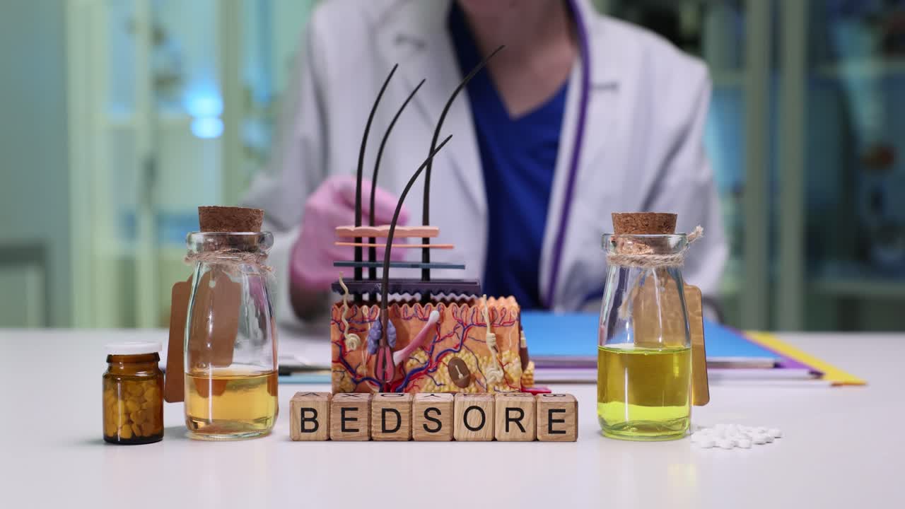 Medical concept of bedsore treatment with skin model, medicine, and doctor