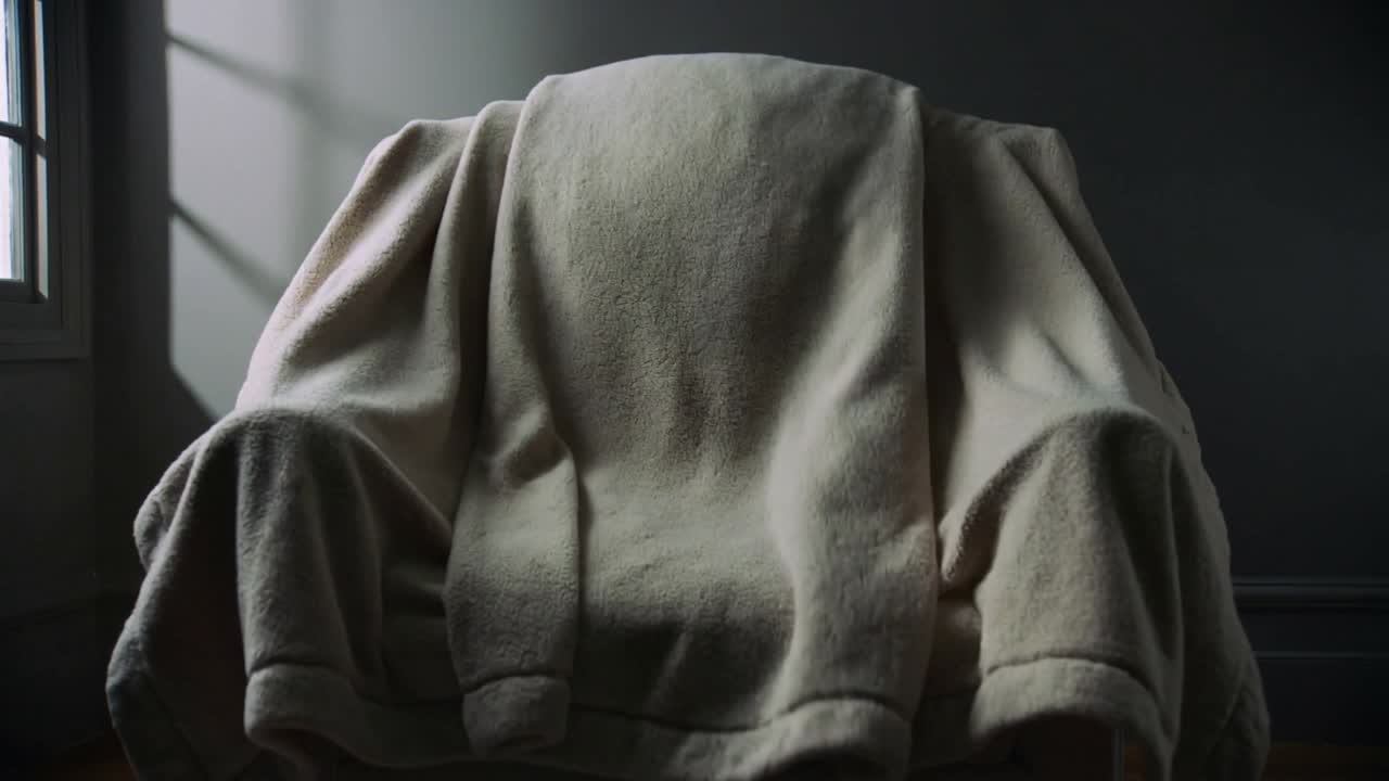Grande coperta morbida che cade e si adagia su una poltrona imbottita vicino alla finestra, con la luce che proietta ombre