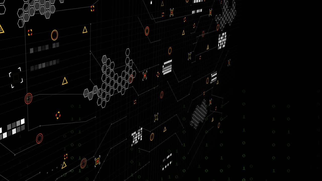Binary digits flowing spawning lines tracing and icons pulsing to show network rise then retracting