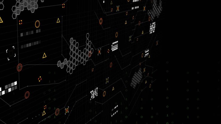 Binary digits flowing spawning lines tracing and icons pulsing to show network rise then retracting